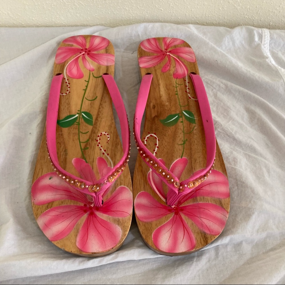 Wooden sandals with painted flowers Hibiscus Tropical Hawaii Polynesian Size XL - Picture 4 of 14